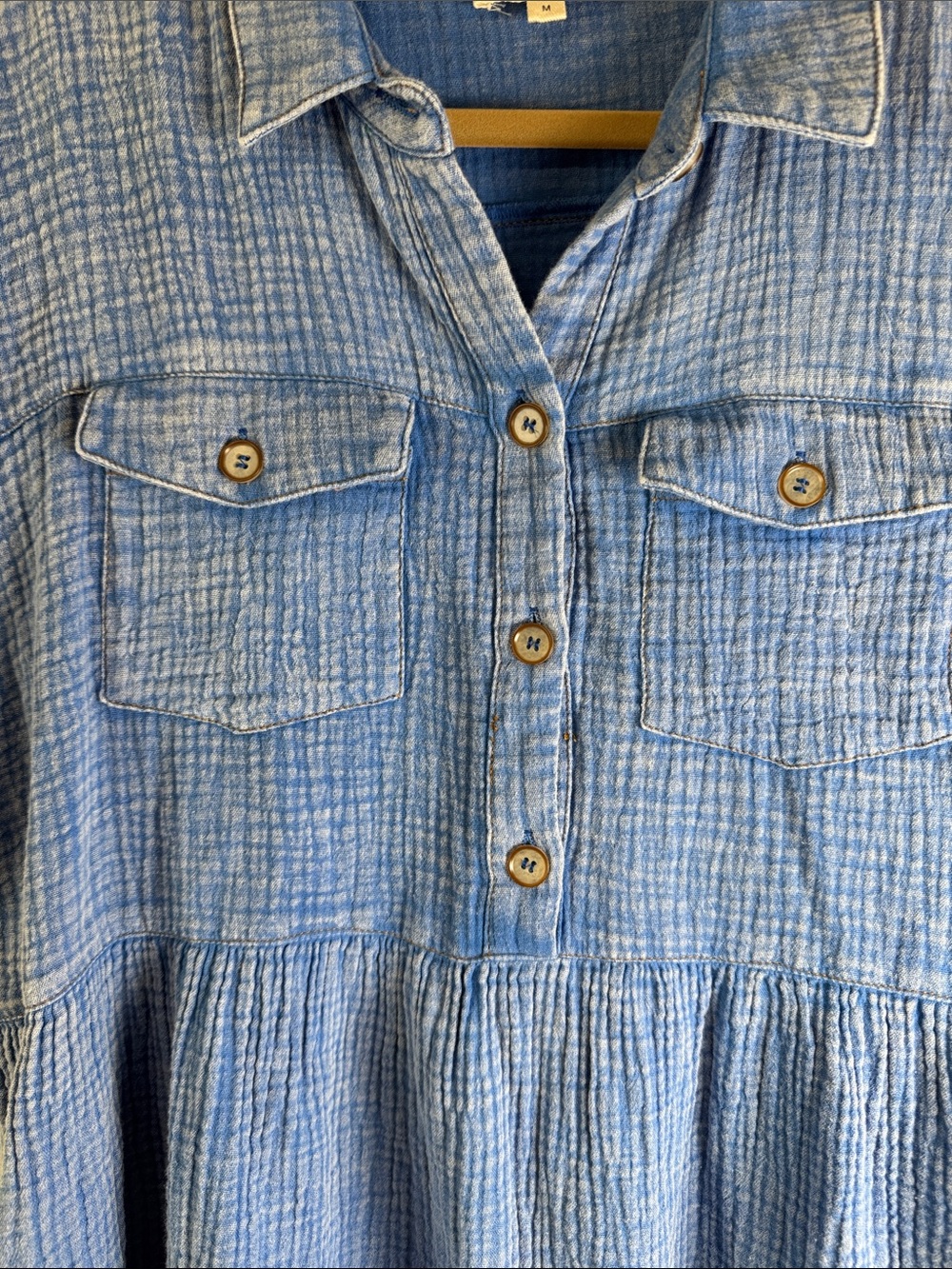 Umgee Cotton Gauze Babydoll Top Medium Blue Button Front Shirt - Picture 4 of 10